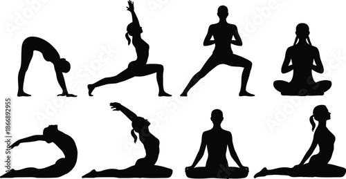 Yoga and meditation pose silhouettes showing flexibility, balance, and mindfulness practice
