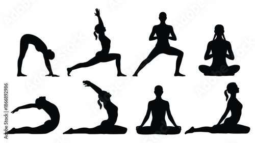 Yoga and meditation pose silhouettes showing flexibility, balance, and mindfulness practice
