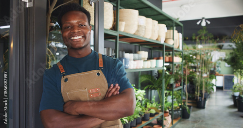 Cuadro en lienzo Black man, portrait and happy in sustainable business with confidence, botany and eco friendly career