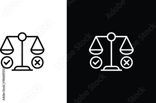 Justice scale balance icon set in black and white on light and dark background

