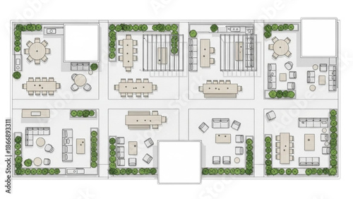 Overhead architectural diagram presenting a variety of outdoor seating and dining arrangements for modern landscape design concepts