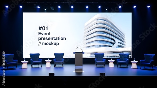 Modern event presentation mockup on a stage with blue armchairs and a large screen display