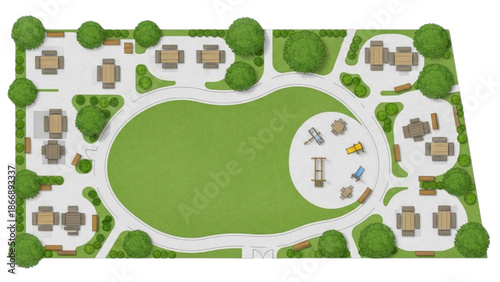 Aerial view of a vibrant park layout with picnic areas and playground facilities