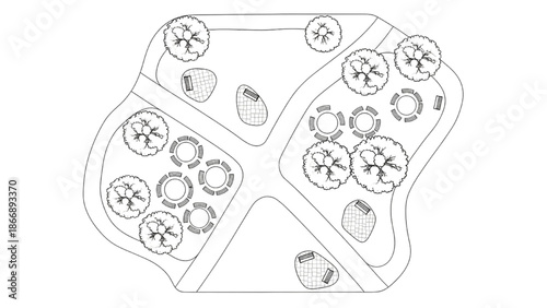 Top-down view of a park landscape design with pathways and trees