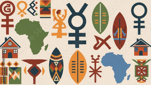 A vibrant vector graphic illustration of African cultural symbols and icons on a beige background