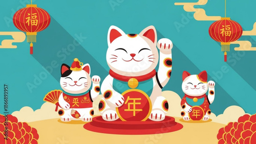 A colorful vector illustration of three smiling Maneki-Neko cats surrounded by Chinese lanterns and decorations