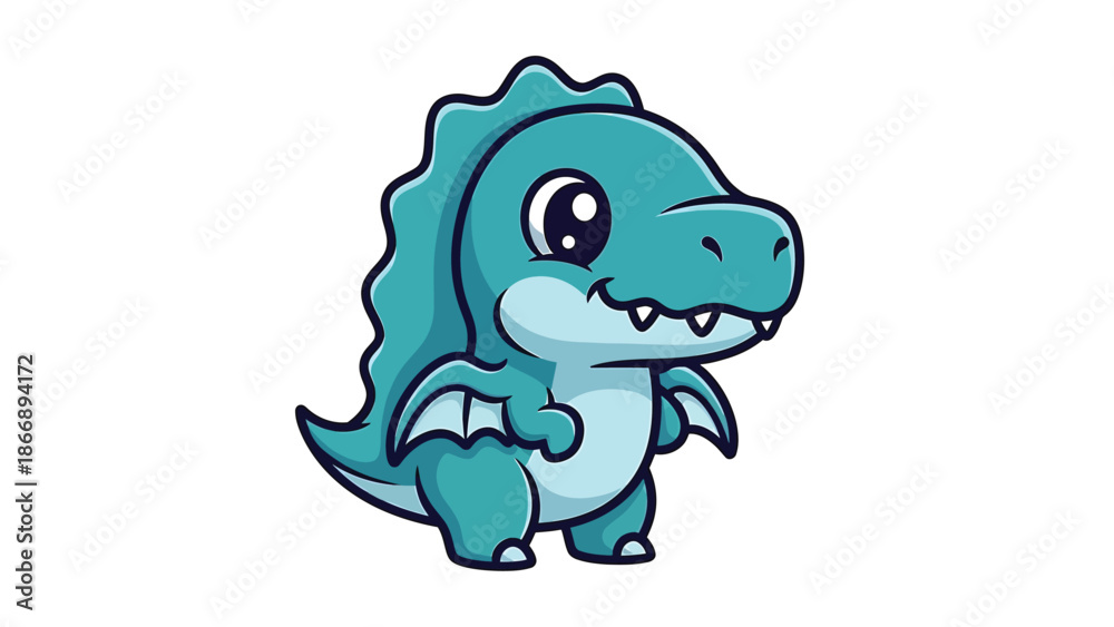 Fototapeta premium Adorable Teal Dragon Cartoon Character with Spiked Frill and Tiny Wings.