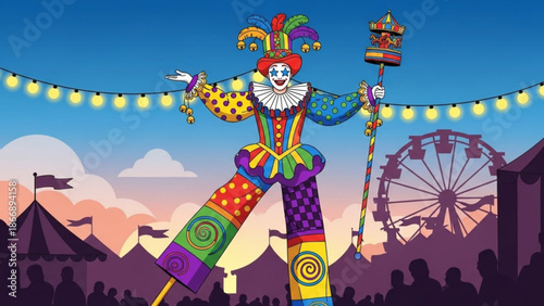 A colorful illustration of a jester at a vibrant carnival with a Ferris wheel and tents in the background