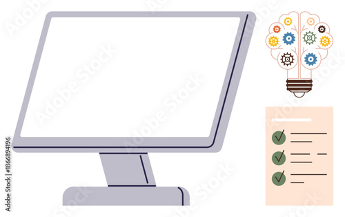 Innovation, productivity, creativity, planning, organization, technology concept. Computer screen, checklist with checkmarks and gear-shaped lightbulb. Innovation and productivity