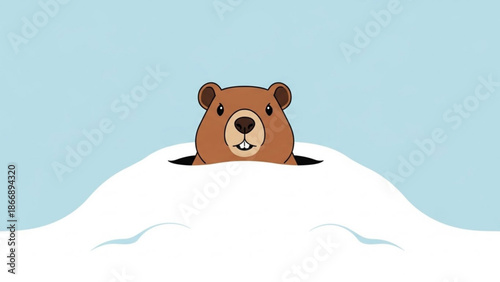 A cartoon bear peeking out of a snowy hill on a clear day