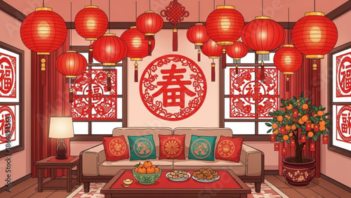 A vibrant and festive living room decorated with red lanterns and Chinese New Year elements
