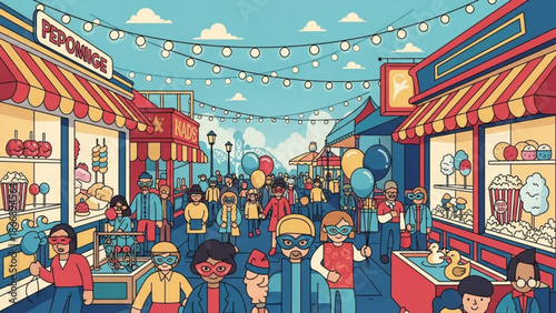 A vibrant cartoon illustration of a lively outdoor market with people shopping and enjoying treats on a sunny day