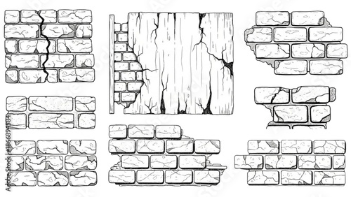 Collection of distressed and broken brick and stone wall textures
