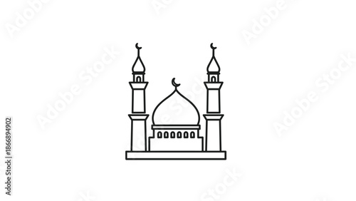 Clean line art icon of a mosque with two minarets and a dome, symbolizing islamic architecture and religious places.