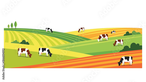 A peaceful countryside scene with rolling green hills and grazing cows