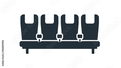 Dark blue silhouette icon of four airplane seats in a row, representing travel, transportation, and seating arrangements.