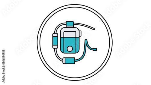 Line art icon of a portable water filter device with tubes and a water reservoir, symbolizing purification, clean water, and filtration.