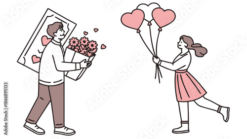 Man surprises woman with flowers and heart balloons on romantic date
