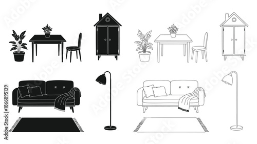 Black and white outline illustrations of various home furniture items