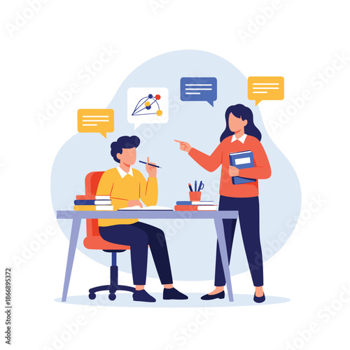 Female teacher or manager points a finger at a male student sitting at a desk while explaining complex geometric concepts.