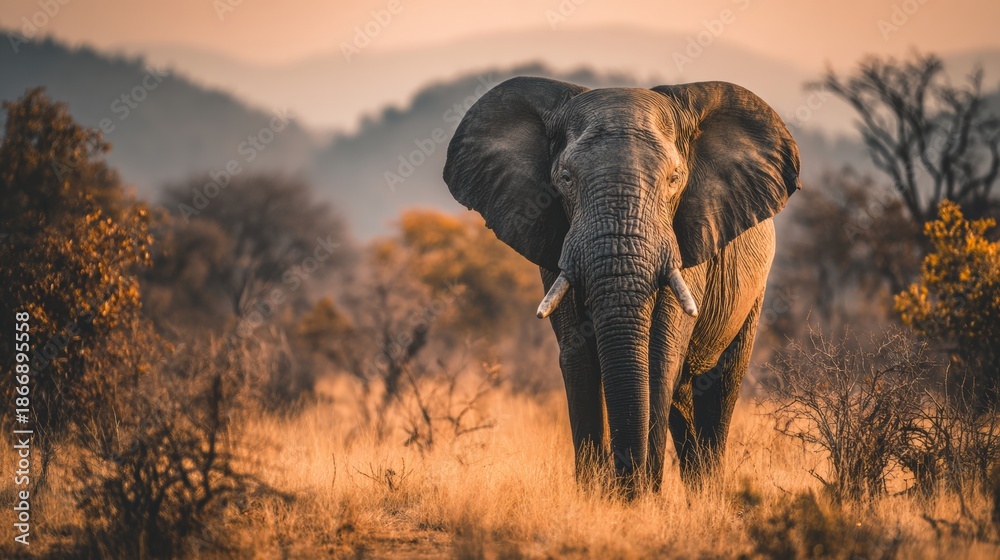Obraz premium Majestic Elephant Exploring Savanna at Sunset With Diverse Wildlife in Background, Perfect for Conservation Themes and Nature Awareness Initiatives