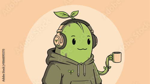 Anthropomorphic Plant Character with Headphones and Coffee Cup.