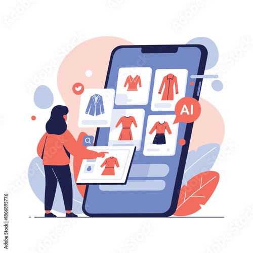 Modern woman uses an AI powered mobile app to browse and select fashionable clothing items from a virtual catalog on her smartphone.