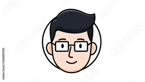Cartoon Man with Glasses and Black Hair in Circle Frame.