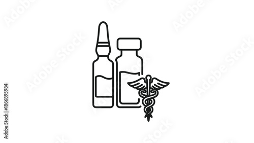 Outline icon of two medical ampoules and a caduceus symbol, representing healthcare, medicine, and pharmaceutical treatments.