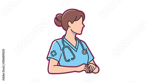 Flat design illustration of a female healthcare professional, likely a nurse, wearing scrubs and a stethoscope.
