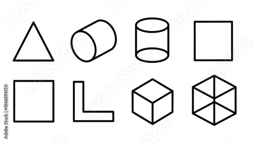 Set of line art icons showing geometric forms: triangle, cylinders, squares, and cubes.