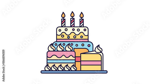 Colorful illustration of a stacked birthday cake with frosting, candles, and decorative elements, suitable for celebrations.