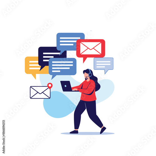 Woman wearing headphones and carrying a laptop while walking through various communication and message notification icons in a city.