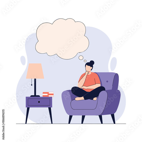 Woman sitting in a purple armchair with a large empty thought bubble above her head representing deep thinking or planning at home.