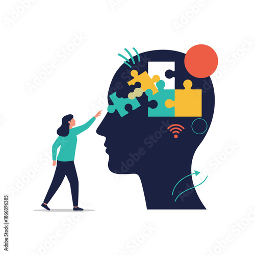 Woman solves complex mental health challenges by arranging colorful puzzle pieces inside a giant silhouette of a human head for therapy.