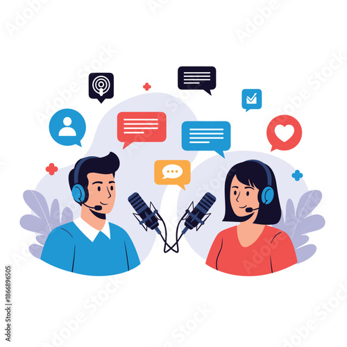 Man and woman recording a podcast or radio broadcast together with microphones and various social media icons floating in the air.