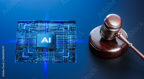 Artificial Intelligence AI and Legal Systems: Judge's Gavel Hammer as a Symbol of Law and Order with Processor CPU AI Chip