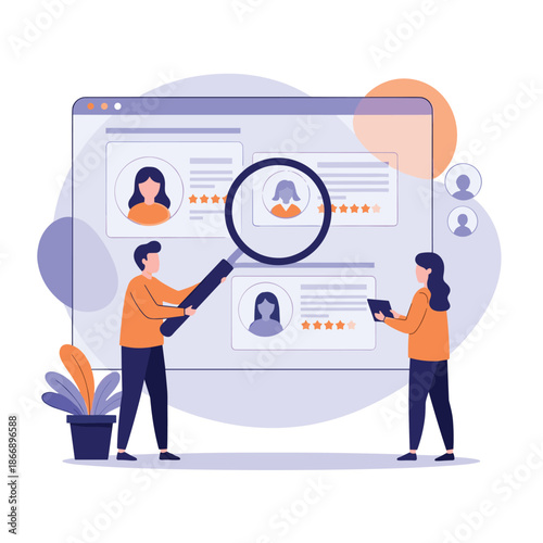 Recruitment specialists use a giant magnifying glass to screen and evaluate candidate profiles on a large digital platform for hiring.