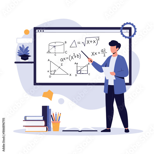 Male educator explaining complex mathematical formulas and geometry on a digital whiteboard in a modern classroom setting.