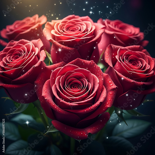 Beautiful Red Roses with Sparkling Dewdrops