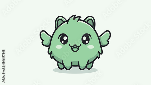 Adorable Green Monster Character with Big Eyes and Small Wings.