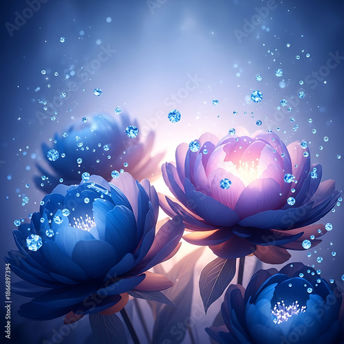 Enchanted Blue and Purple Blossoms with Sparkling Droplets