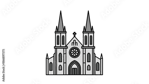Grey icon of a large church or cathedral with twin spires and a central rose window, representing religious architecture.