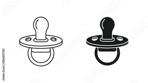 Outline and solid black icons of a baby's pacifier, symbolizing infants, soothing, and baby care items.