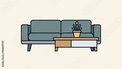Illustration of a modern sofa and coffee table with a potted plant, in a flat design style with a beige background.