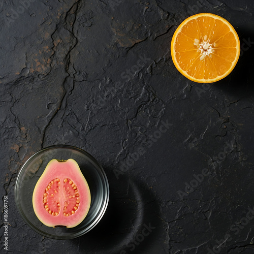 Pink guava and orange halves on dark textured surface