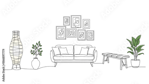 Modern Living Room Interior Design Line Art Sketch