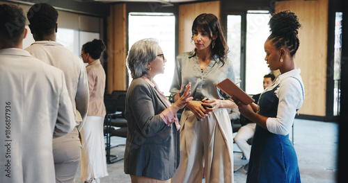 Talking, networking and business people at seminar, feedback and intro with media conference. Publishing industry, event review or advice in meeting, discussion and information for creative expo
