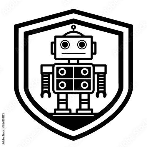 A black and white vector graphic of a robot inside a shield