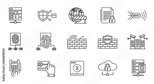 Various cybersecurity icons representing protection and data security